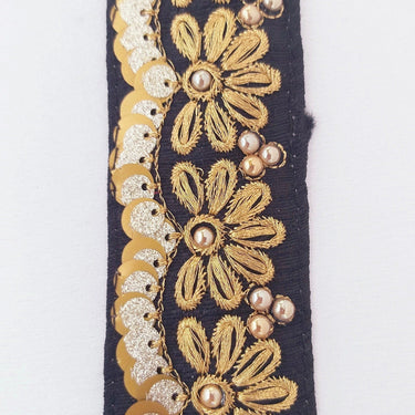 Indian Sari Trim, Black Art Silk Fabric With Gold Thread Embroidered Flowers Trim, Gold Sequins And Beads